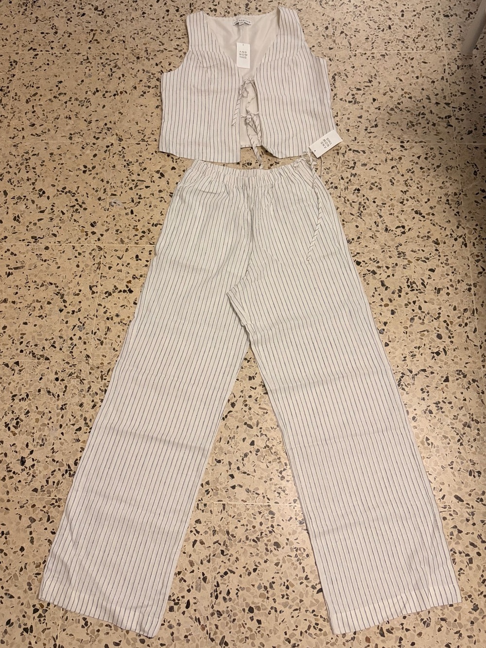 Striped Light Blue Wide-Leg Pants With Matching Tie-Front Top - Women